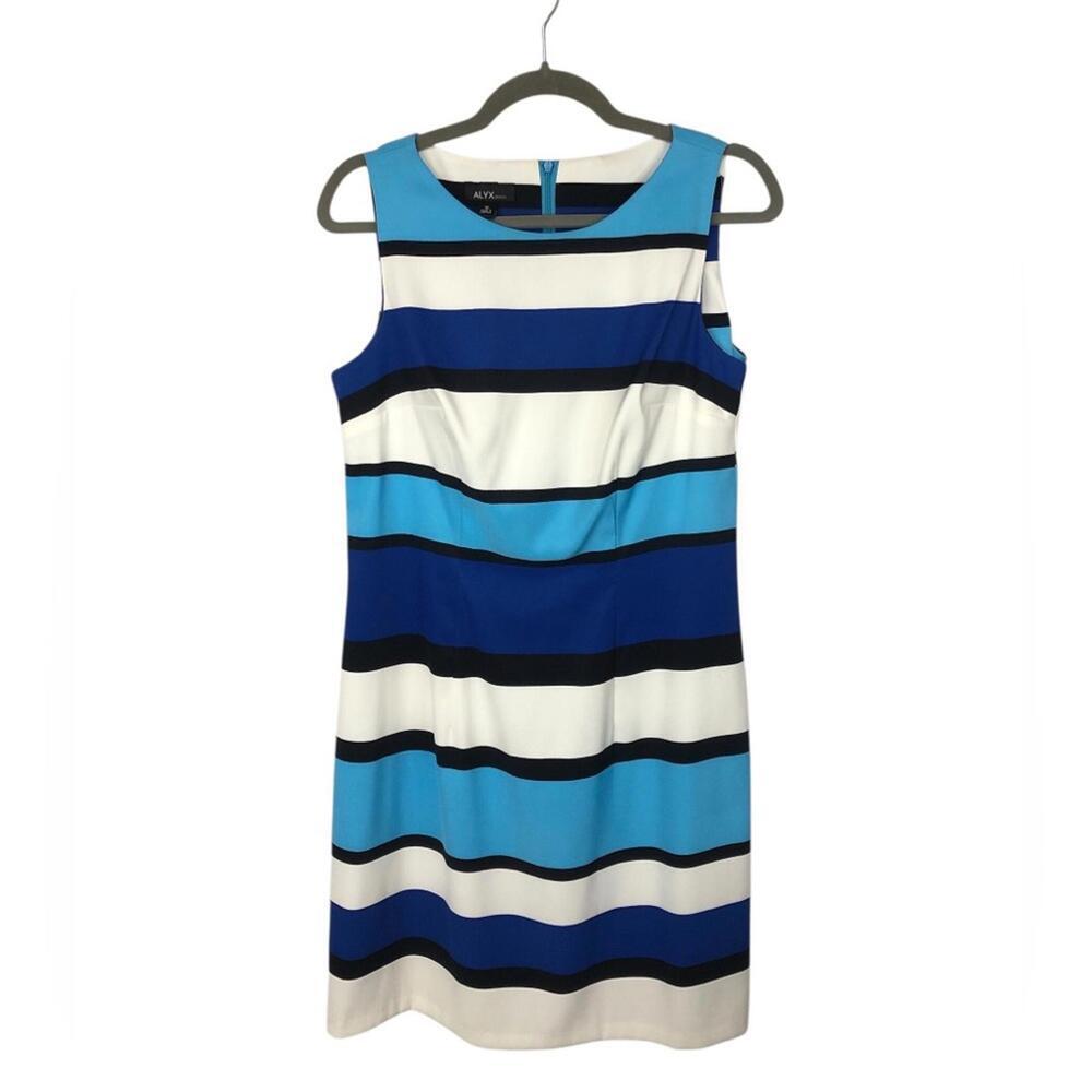 Alyx Blue And White Striped Mini Sheath Dress Scoop Neckline Sleeveless
